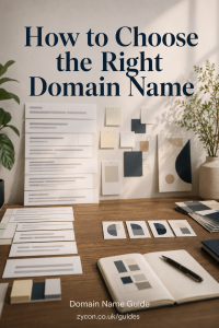 A branding workspace showing long, abstract business-name ideas being refined into four simple identity tiles, with the title “How to Choose the Right Domain Name”.