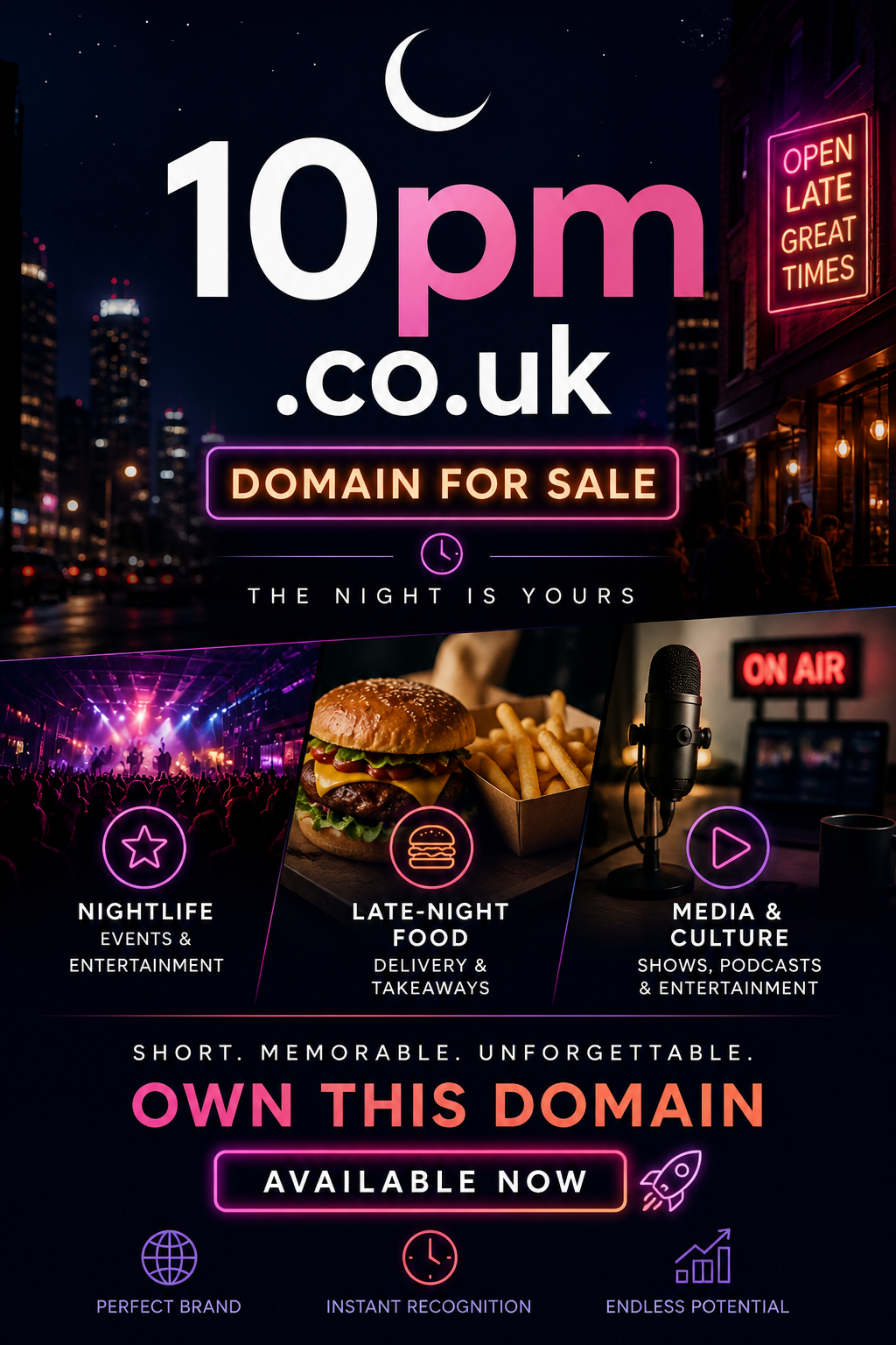 Promotional graphic featuring the domain 10pm.co.uk, shown with neon nightlife scene and smartphone app. Style: cinematic modern.