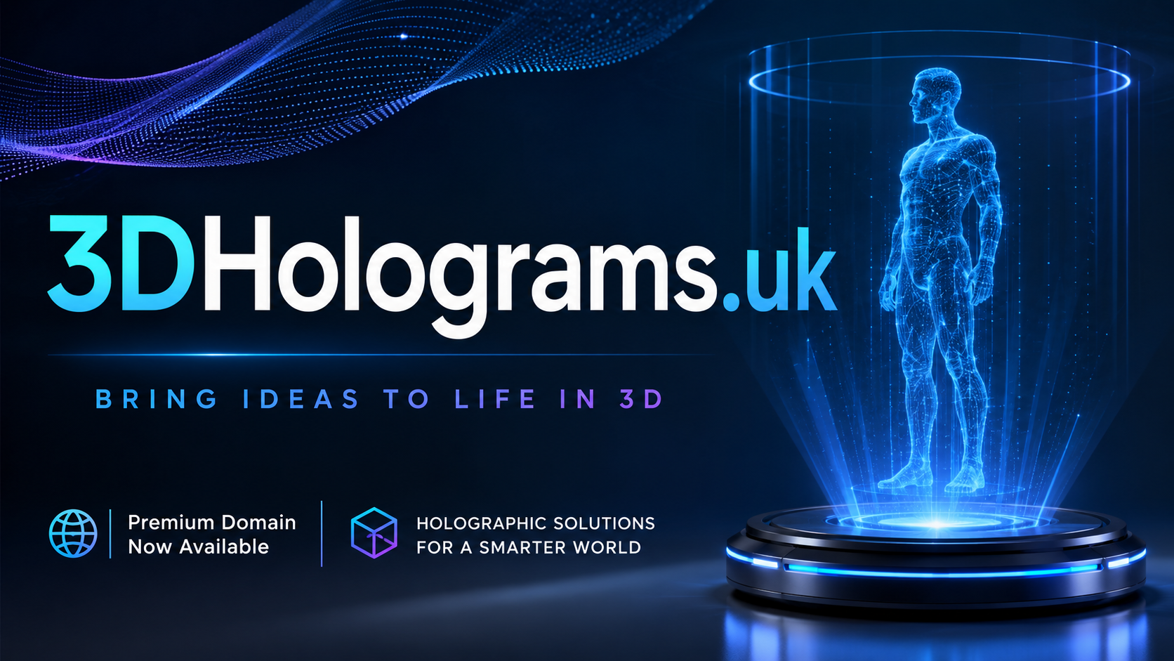 Promo banner featuring 3DHolograms.uk with a glowing blue human hologram and futuristic platform in a sleek tech style.