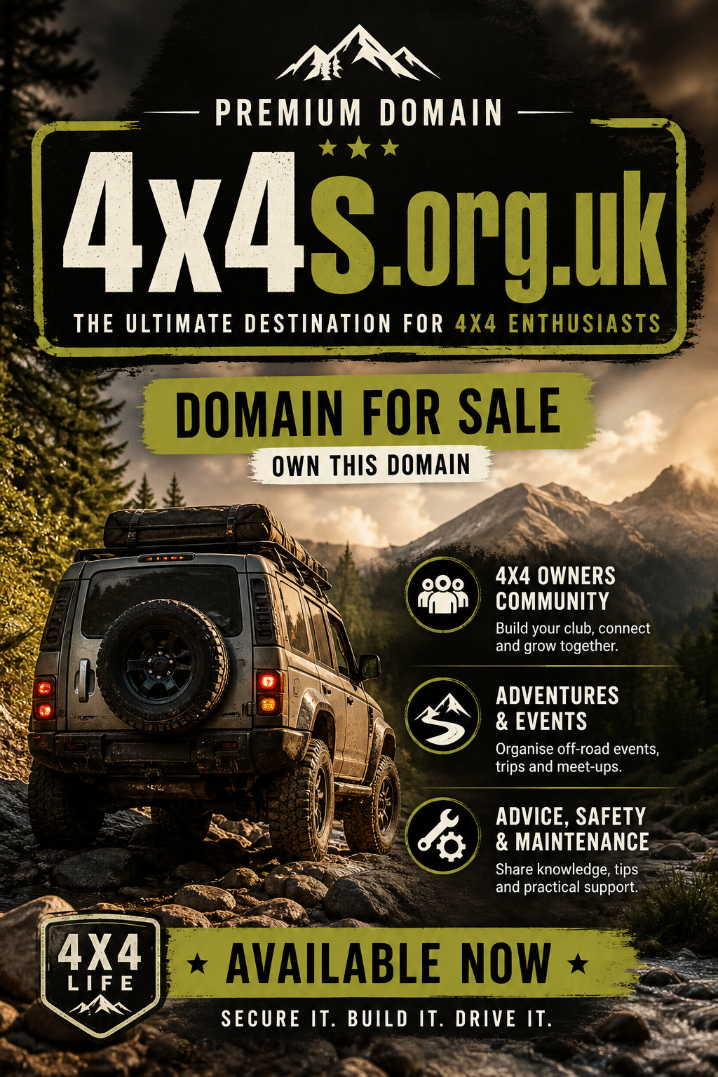 Promotional graphic featuring the domain 4x4s.org.uk, shown with off-road SUV and mountain trail. Style: rugged outdoor adventure.