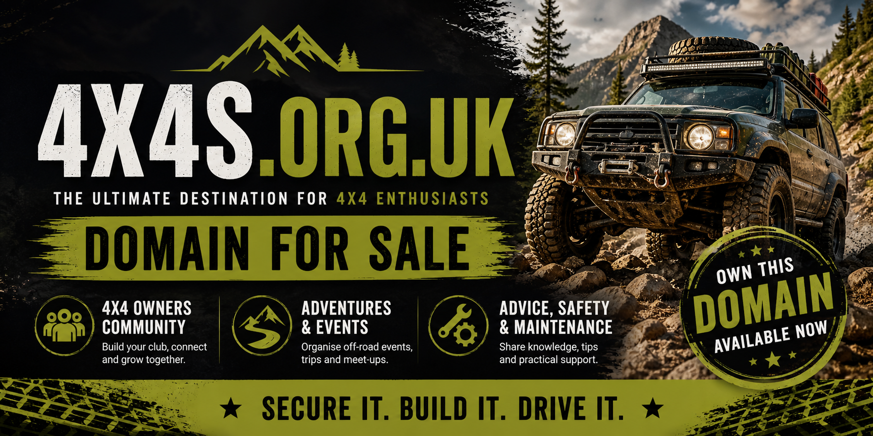 Promotional graphic featuring the domain 4x4s.org.uk, shown with off-road SUV and mountain trail. Style: rugged outdoor adventure.