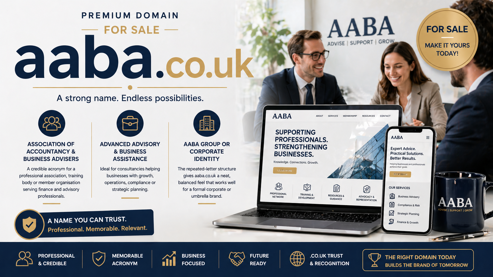 Promo banner featuring the domain aaba.co.uk with corporate professionals, laptop and phone mockups, and business icons, in a clean navy and gold corporate-style layout.