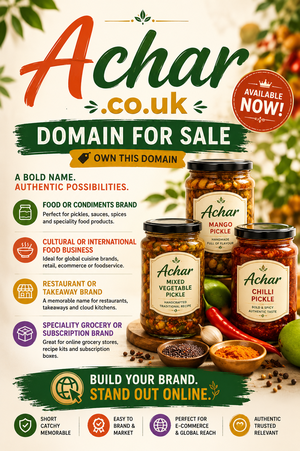 Promotional graphic featuring the domain Achar.co.uk, shown with authentic pickle jars and spice ingredients. Style: bright premium food branding.