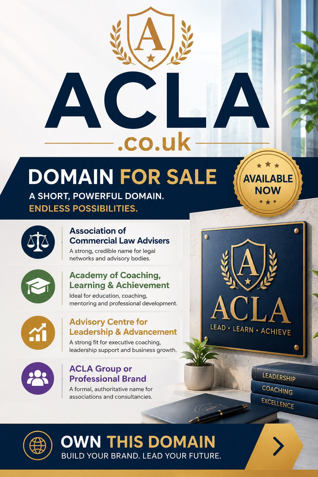 Promotional domain graphic featuring ACLA.co.uk, shown with a leadership crest and professional advisory icons. Style: bright premium corporate.