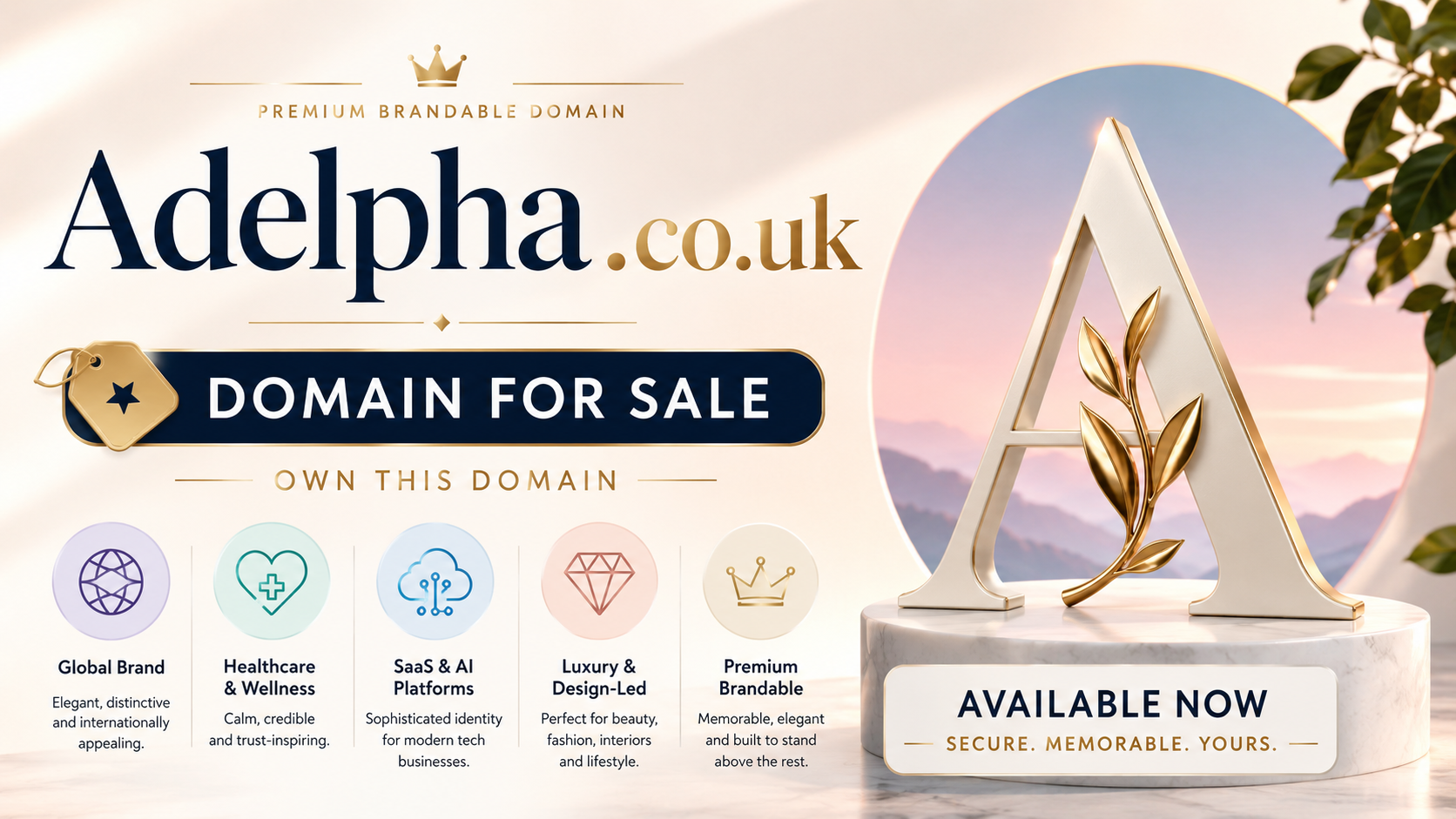 Promotional domain graphic featuring the domain Adelpha.co.uk, shown with luxury branding elements and a premium monogram. Style: elegant, upscale and modern.