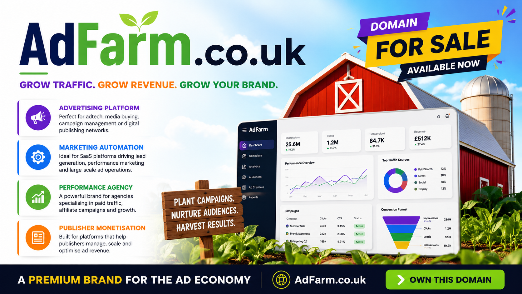 Promotional graphic for AdFarm.co.uk with adtech dashboard, farm visuals and bold domain-for-sale branding. Style: bright modern.