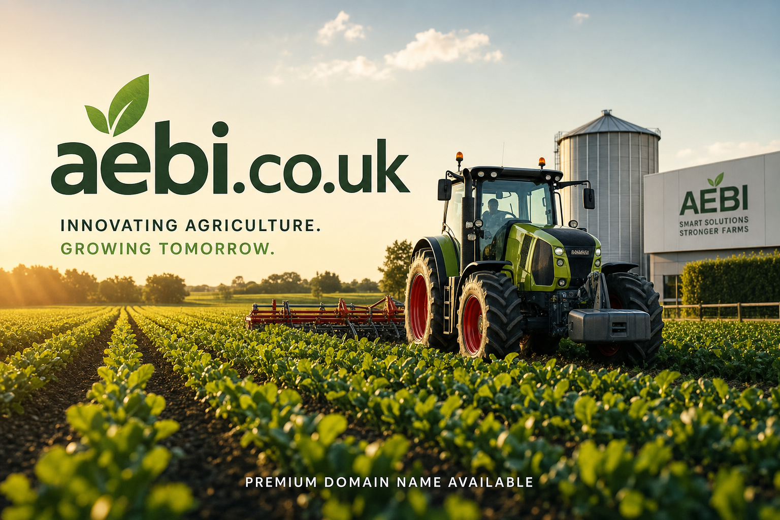 A tractor working in a green field of crops during sunset, with a large silo and a building displaying the AEBI logo in the background. Text on the image includes 'aebi.co.uk', 'Innovating agriculture. Growing tomorrow.', and 'Premium domain name available.'