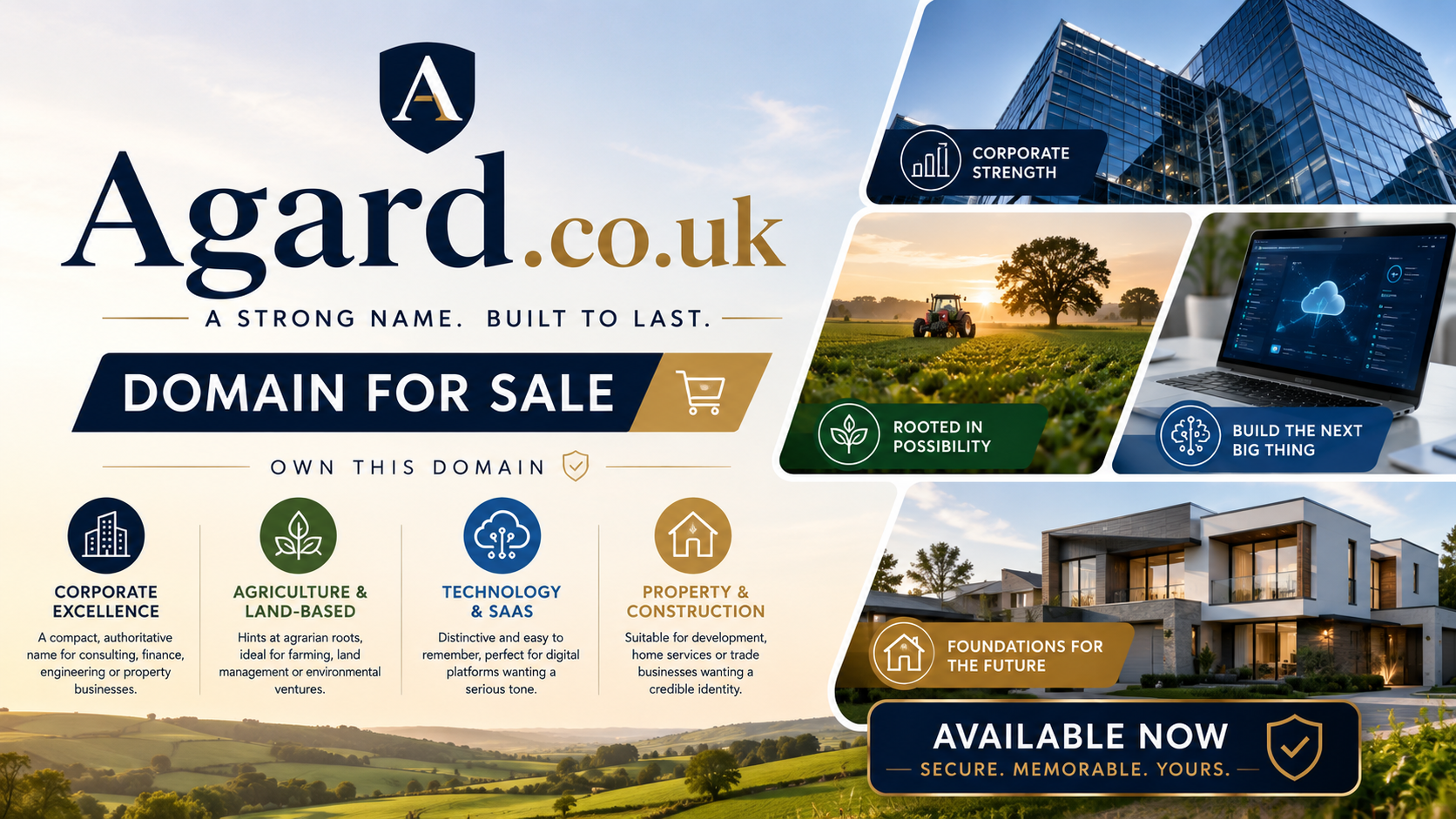 Promotional domain graphic featuring the domain Agard.co.uk, shown with corporate buildings and countryside imagery. Style: modern, professional and premium.