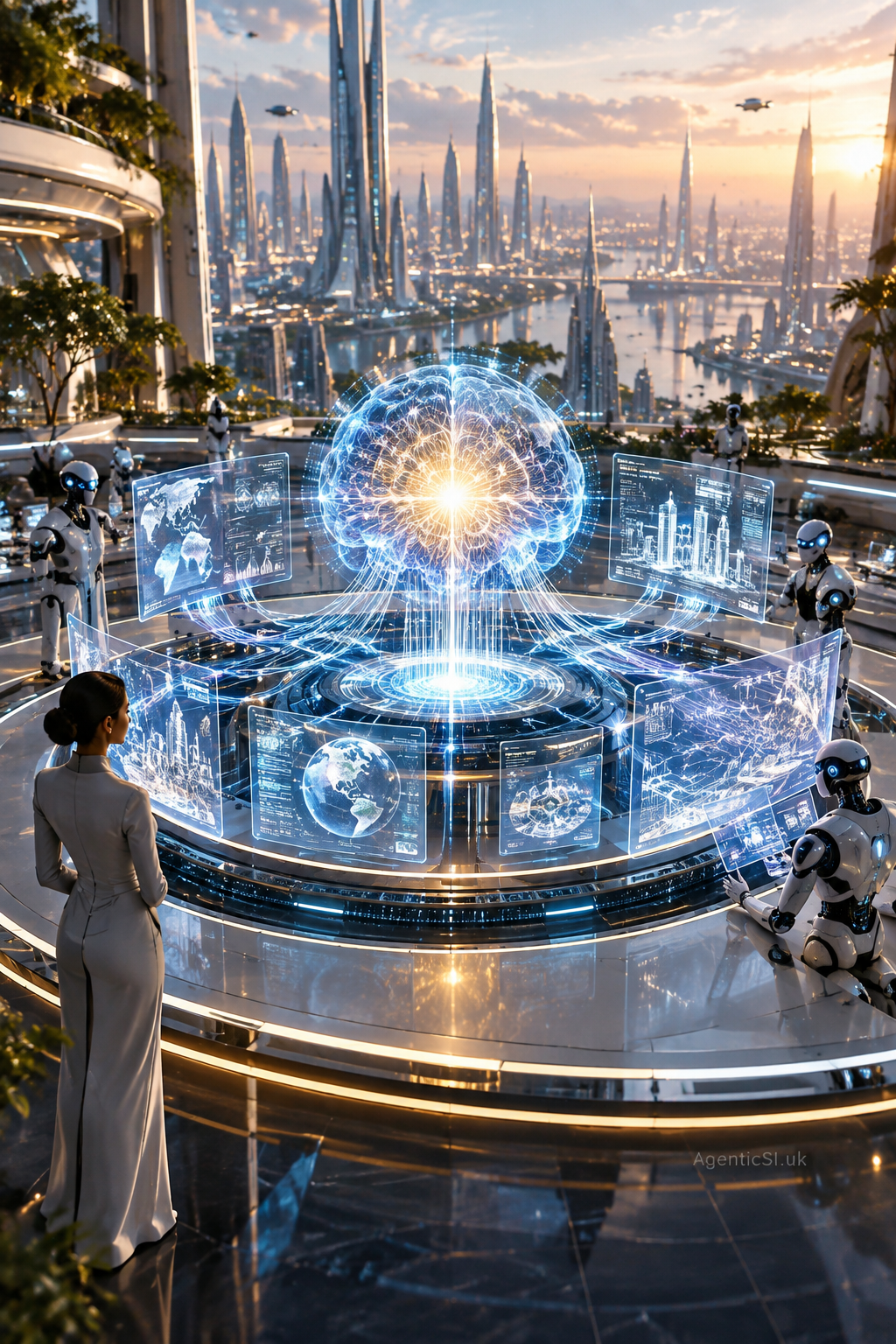A futuristic AI command centre overlooks a bright city skyline, where humanoid robots and a human observer surround a glowing holographic intelligence core coordinating streams of data.