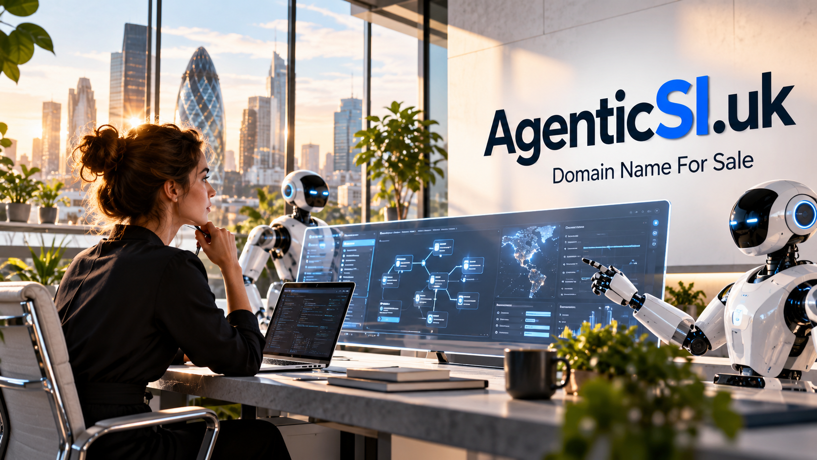 A futuristic AI technology workspace overlooking London, with a woman reviewing autonomous agent workflows on a large display while humanoid robots collaborate nearby. AgenticSI.uk and “Domain Name For Sale” appear on the wall.