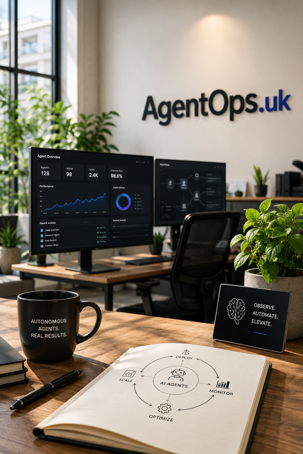 Promotional graphic featuring the domain AgentOps.uk, shown within a modern AI operations workspace with enterprise dashboards. Style: bright, premium editorial.