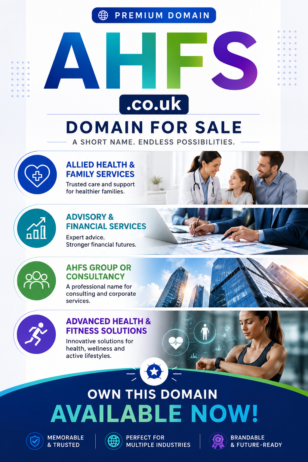 Promotional graphic featuring the domain AHFS.co.uk, shown with healthcare, finance and consultancy visuals. Style: bright modern corporate.