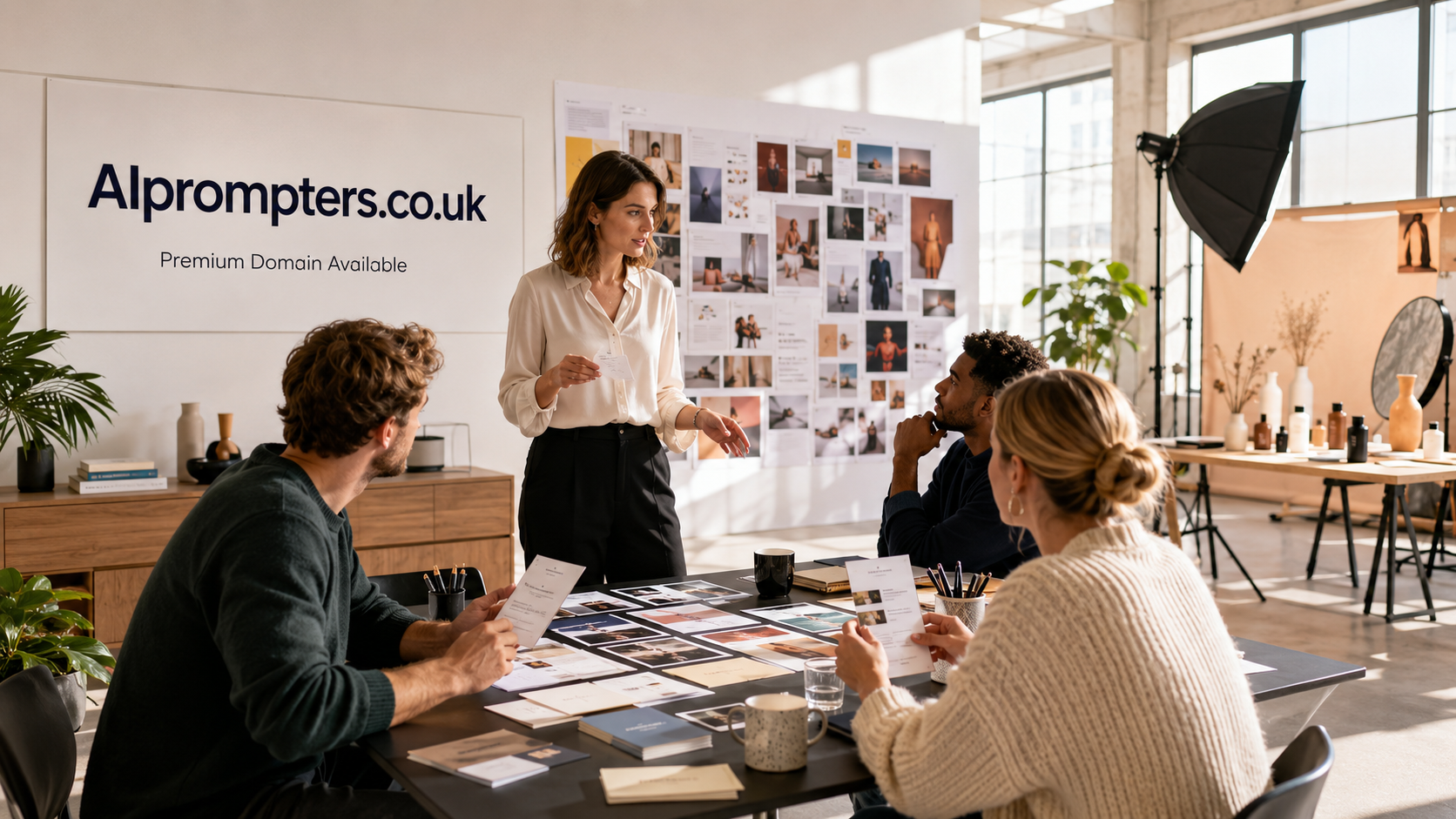 Creative team collaborating around a table of prompt cards and campaign ideas in a bright content studio, with AIprompters.co.uk displayed on the wall as a premium domain available.