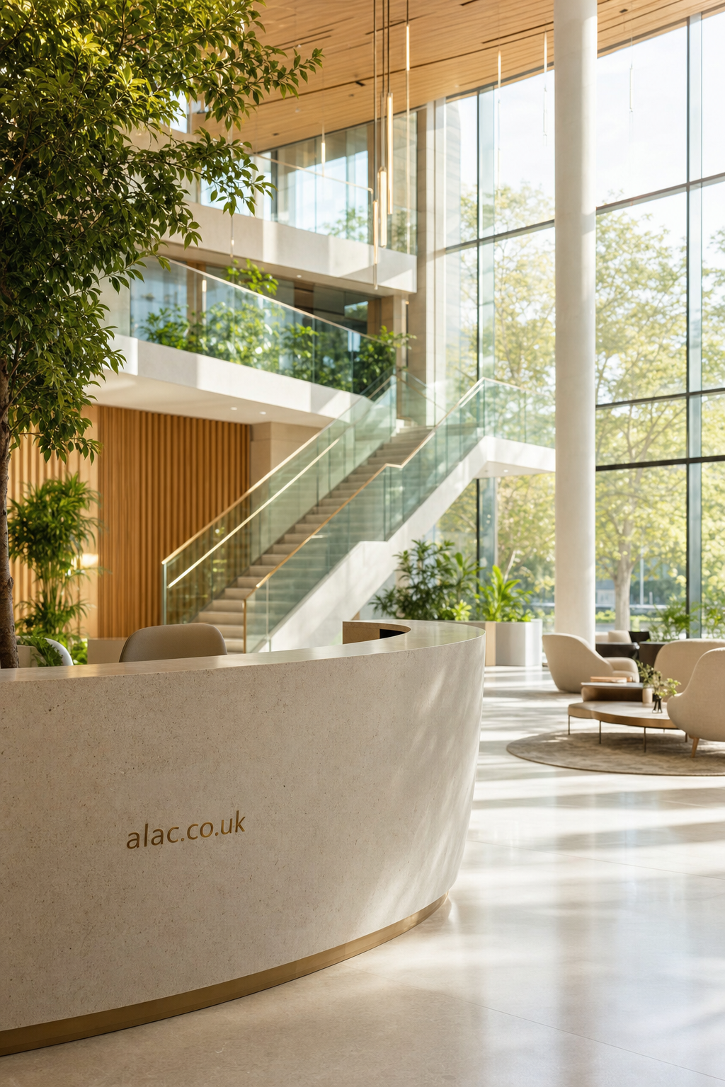 Spacious modern office lobby with a large curved reception desk, hanging pendant lights, glass staircase, and abundant natural light from floor-to-ceiling windows with greenery indoors and outside.