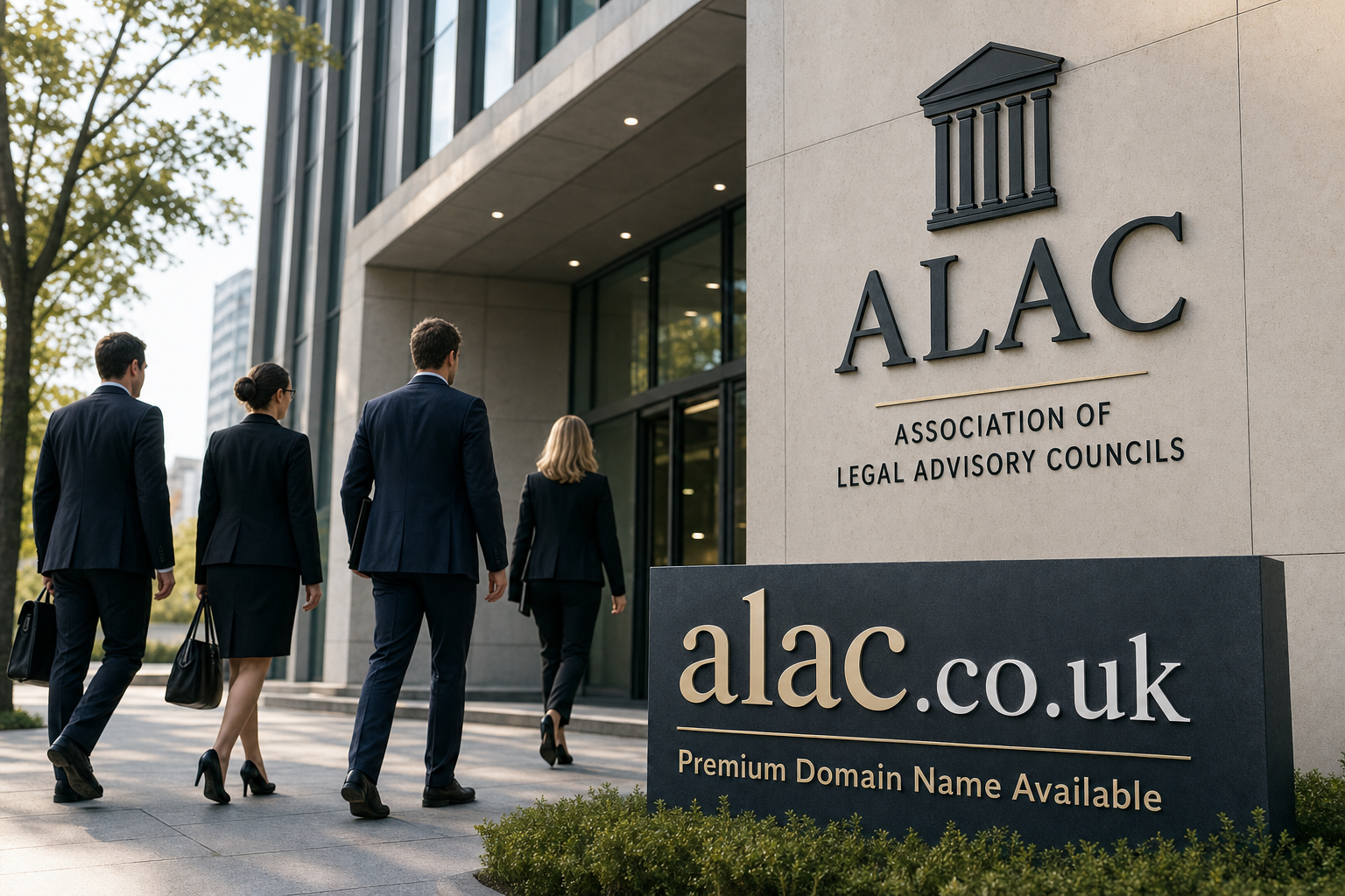Four business professionals dressed in formal attire walk toward the entrance of a modern office building. A large wall sign reads 'ALAC Association of Legal Advisory Councils.' A nearby sign displays the domain 'alac.co.uk' with the text 'Premium Domain Name Available.'