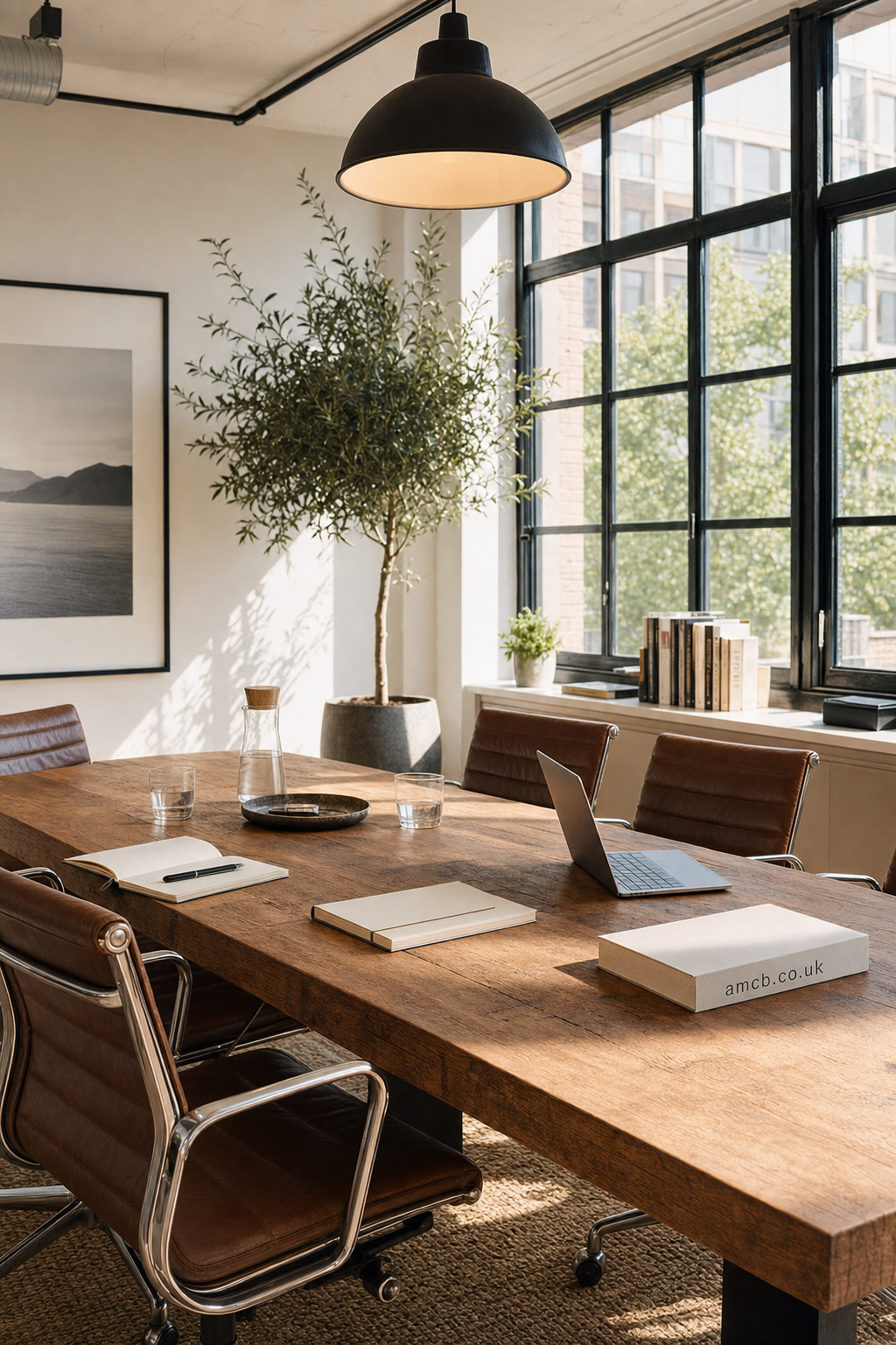 Sunlit modern office meeting room with wooden table, leather chairs, laptop, notebooks, glass water bottles, large potted plant, and windows overlooking urban buildings