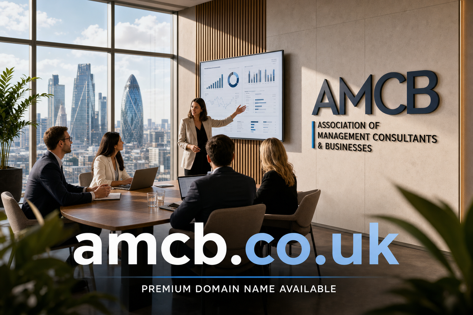 A businesswoman presents financial charts on a large screen to four colleagues seated around a conference table in a modern office with cityscape views. Wall signage reads 'AMCB Association of Management Consultants & Businesses.' Large text at the bottom states 'amcb.co.uk Premium Domain Name Available.'
