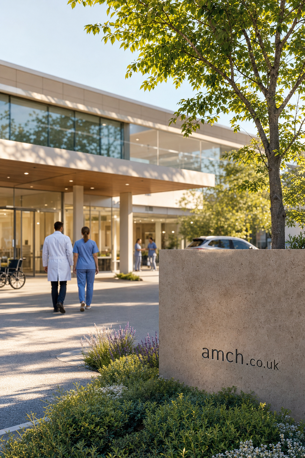 Healthcare professionals walking outside a modern medical facility with a stone sign displaying amch.co.uk, surrounded by greenery and trees on a clear day.