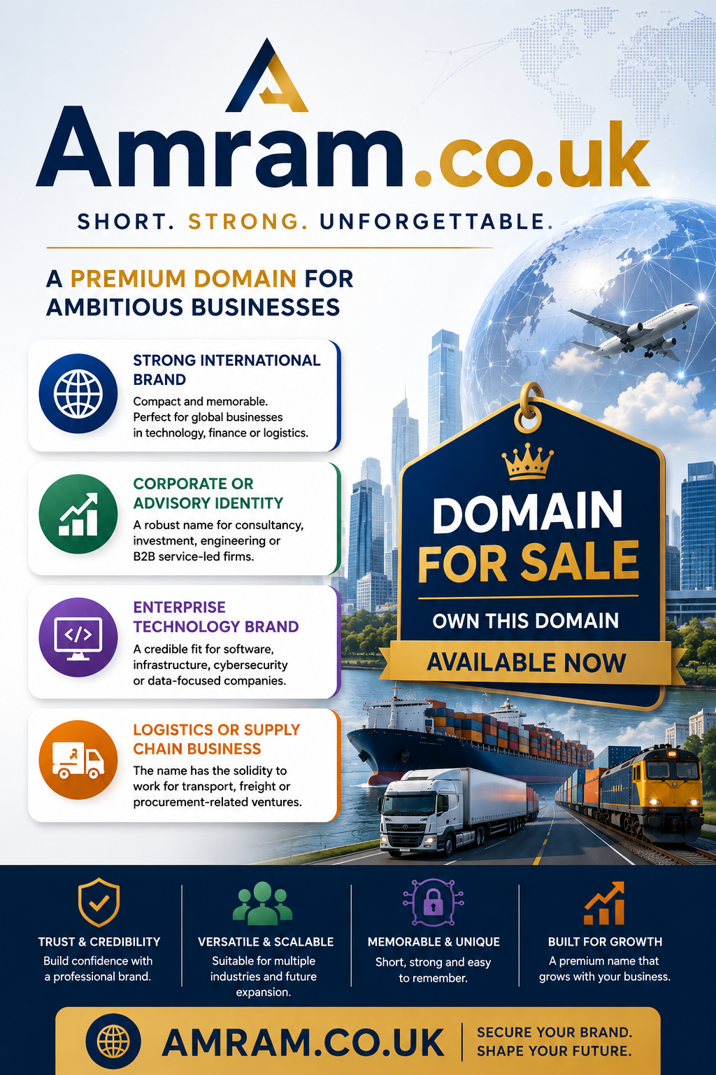 Promotional graphic featuring the domain Amram.co.uk, shown with global business, technology and logistics icons plus domain-for-sale signage. Style: bright premium corporate branding.