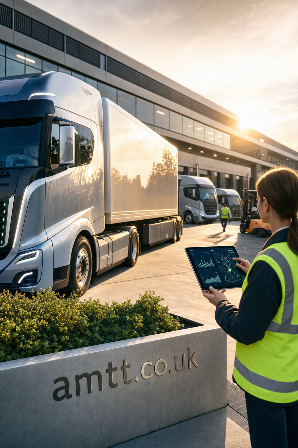 Logistics professional using a tablet to monitor fleet operations with large trucks parked outside a modern transport facility during sunset
