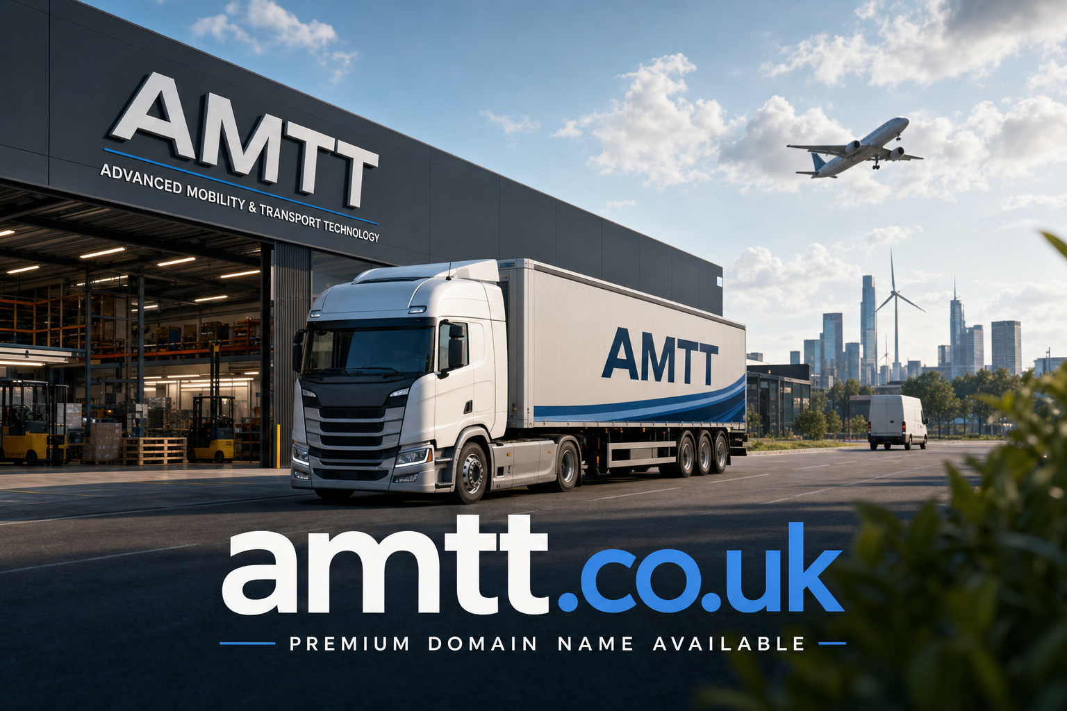 A large warehouse labeled AMTT with the tagline 'Advanced Mobility & Transport Technology'. A white semi-truck with AMTT branding is parked outside under a partly cloudy sky. An airplane flies overhead with a city skyline and wind turbine in the background.