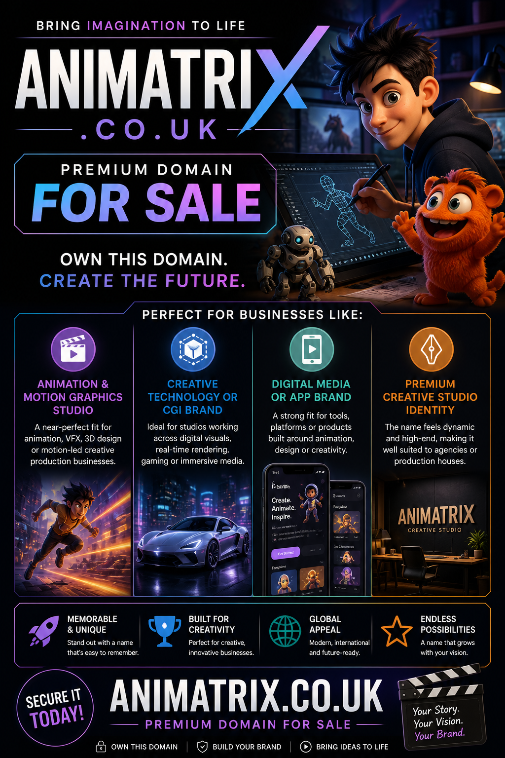 Promotional graphic featuring the domain animatrix.co.uk, shown with animated character and design tablet. Style: futuristic creative