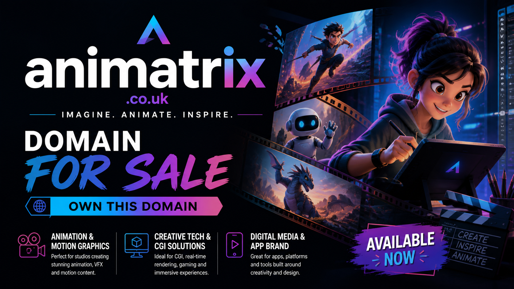 Promotional graphic featuring the domain animatrix.co.uk, shown with animated character and film frames. Style: vibrant futuristic creative.