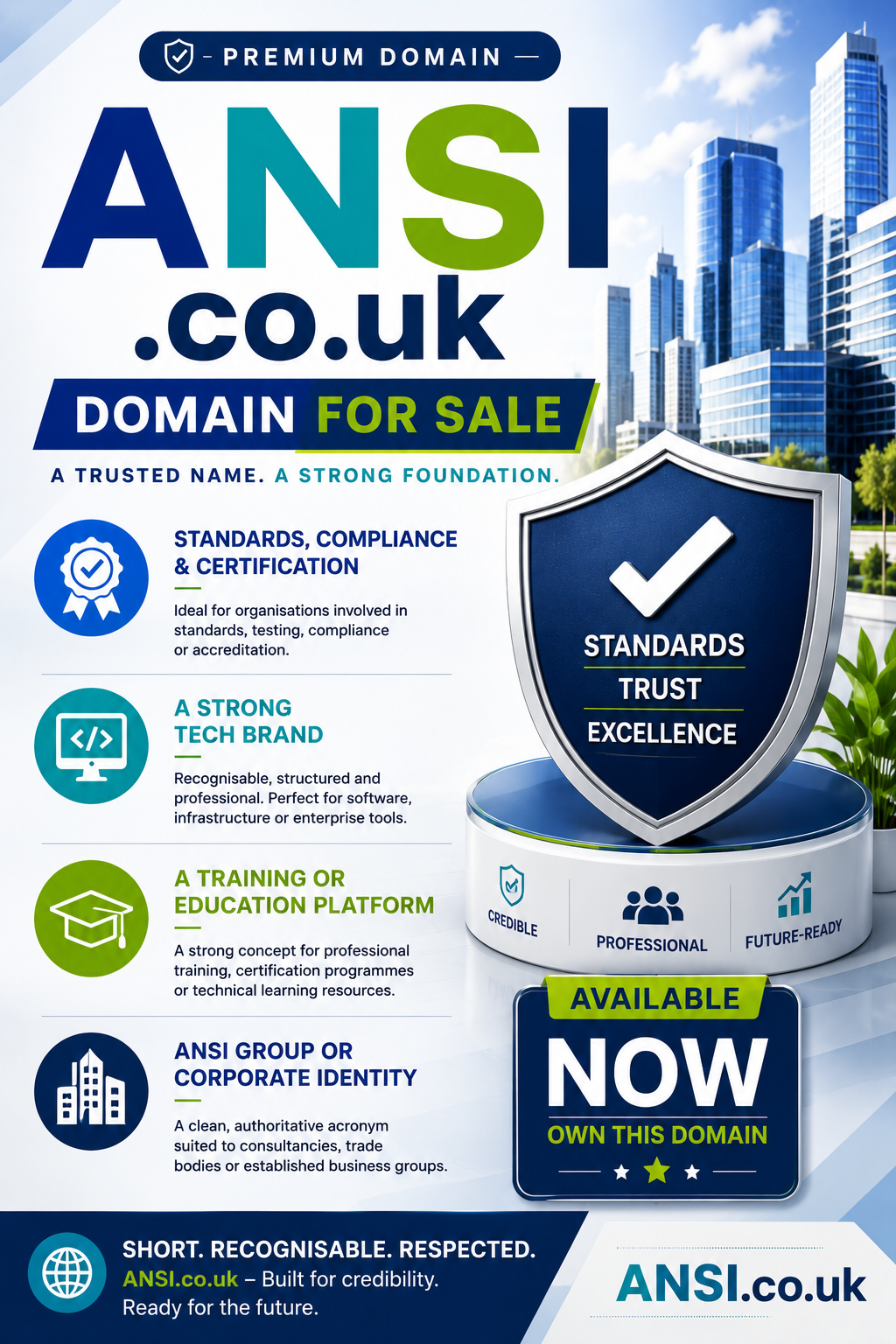 Promotional graphic featuring the domain ANSI.co.uk with compliance icons, modern tech visuals and for-sale branding. Style: bright corporate.