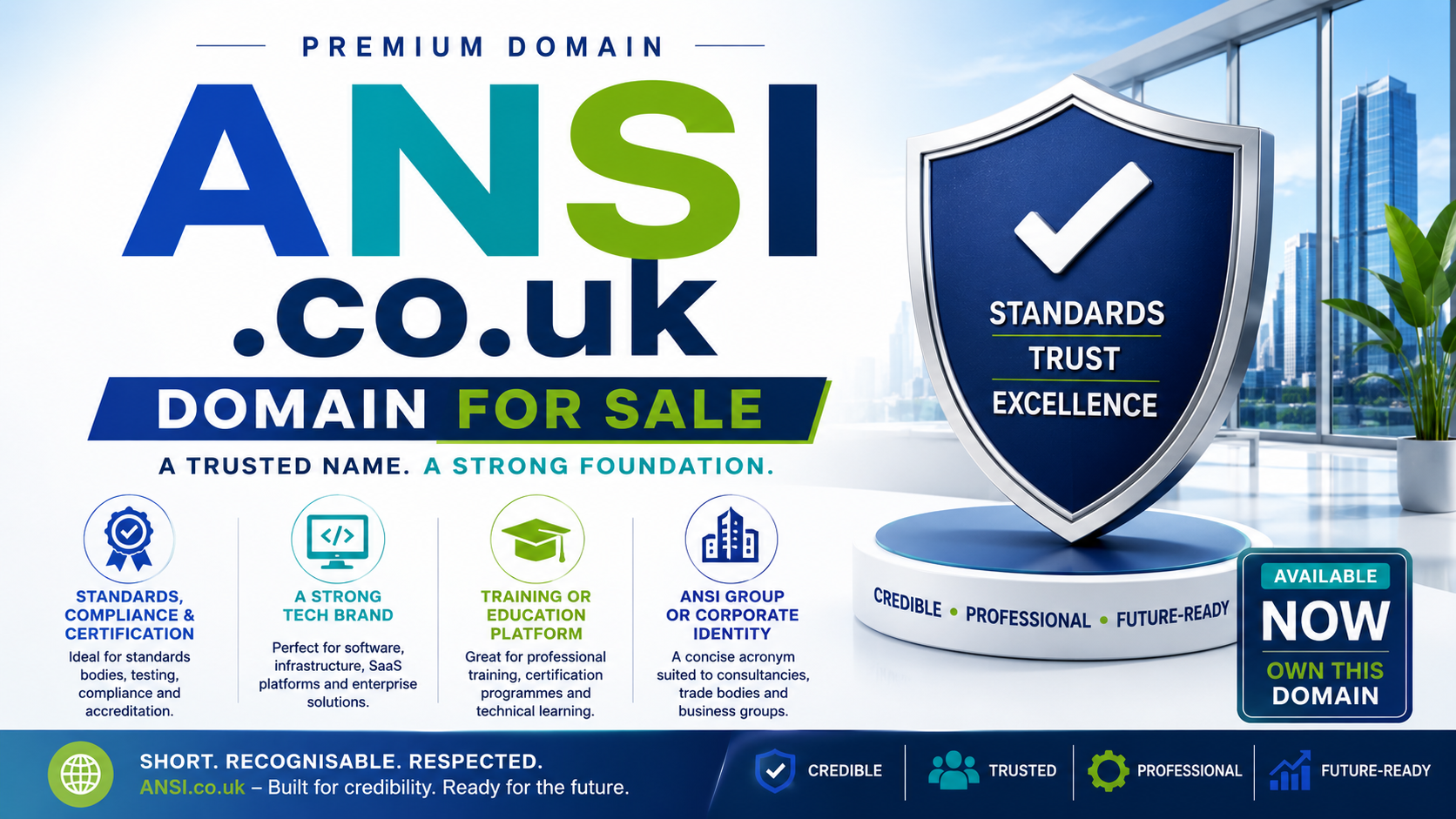 Promotional graphic featuring the domain ANSI.co.uk with compliance icons, modern tech visuals and for-sale branding. Style: bright corporate.