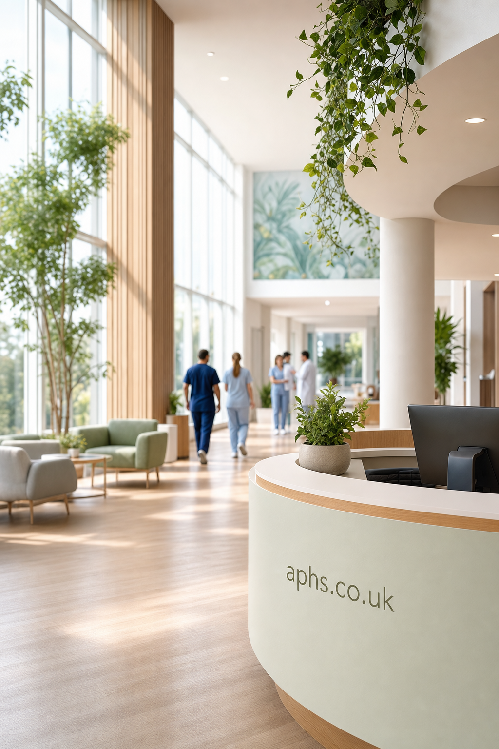 Modern healthcare facility interior with large floor-to-ceiling windows, greenery, a curved reception desk featuring aphs.co.uk branding, and healthcare staff walking in a bright corridor.