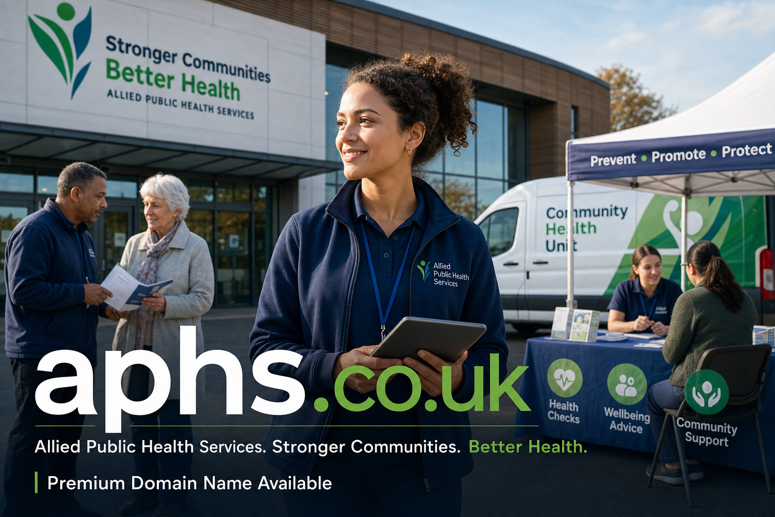 A smiling woman in an Allied Public Health Services jacket holds a tablet outside a health services building. Two people converse on the left, while two others sit at a community health unit booth with informational materials under a canopy.