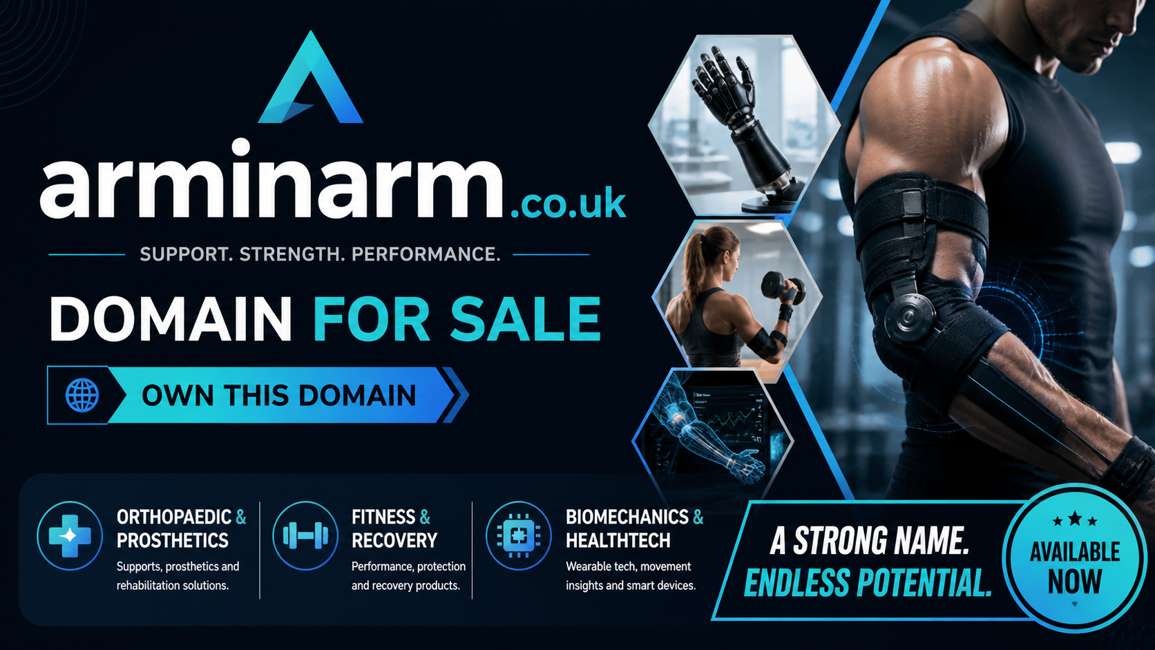 Promotional graphic featuring the domain arminarm.co.uk, shown with prosthetic arm and fitness imagery. Style: modern medical tech.