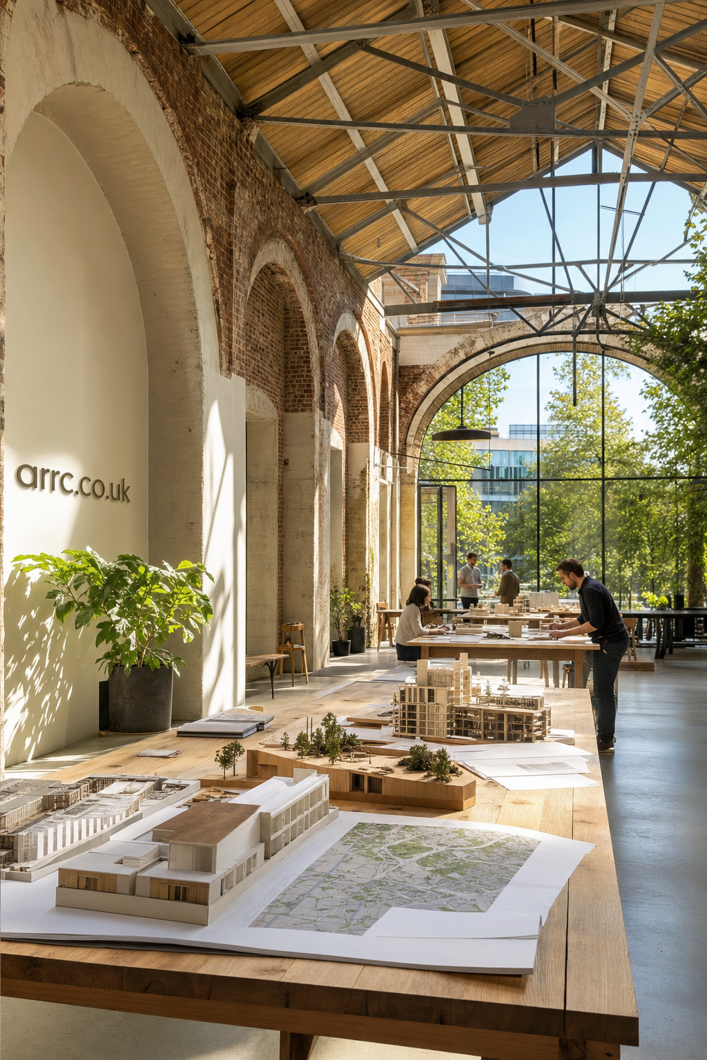 Spacious architectural studio with high arched windows, wooden tables displaying architectural models and plans, and people collaborating on projects in natural sunlight.