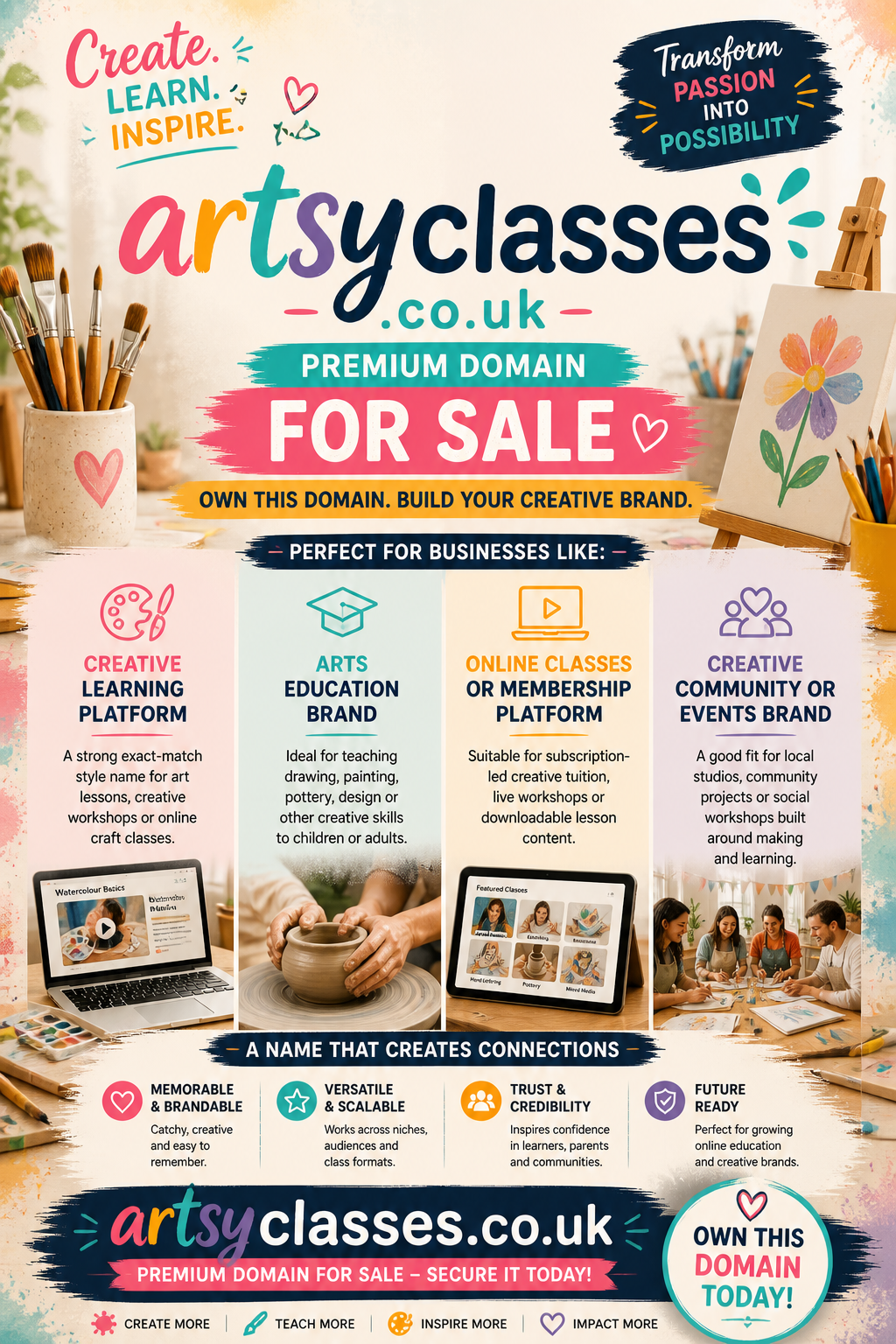 Promotional graphic featuring the domain artsyclasses.co.uk, shown with paint brushes and canvas. Style: colourful creative