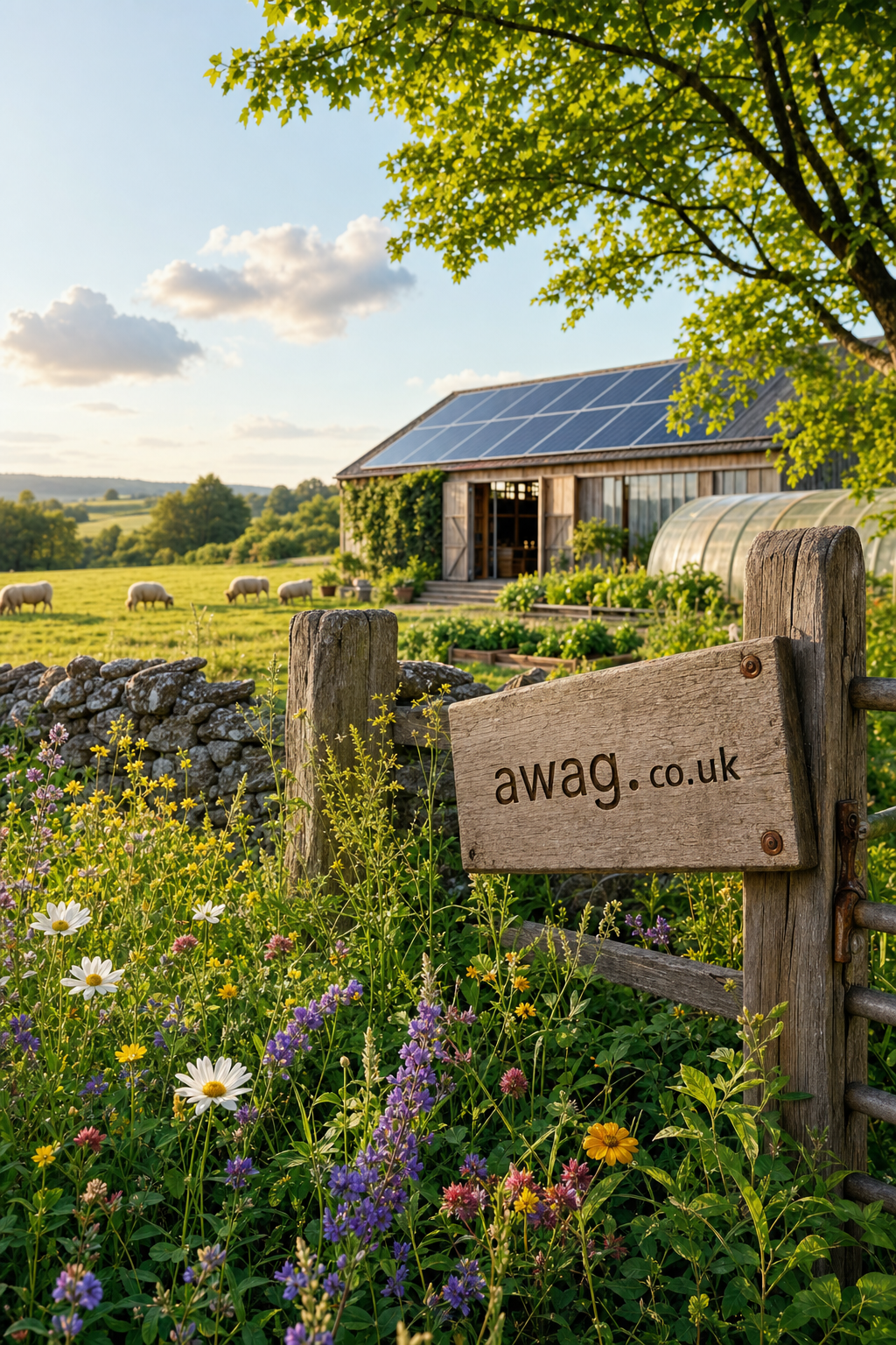 Rustic wooden sign with awag.co.uk beside colorful wildflowers, overlooking a field with sheep and a barn with solar panels, under a partly cloudy sky at sunset.