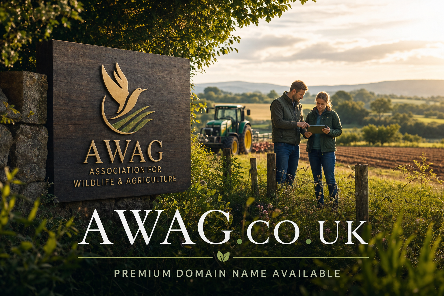 Two people stand at a fenced edge of an agricultural field, looking at a tablet with a tractor and farming equipment behind them, next to a wooden sign that reads AWAG Association for Wildlife & Agriculture. Text reads AWAG.co.uk Premium domain name available.