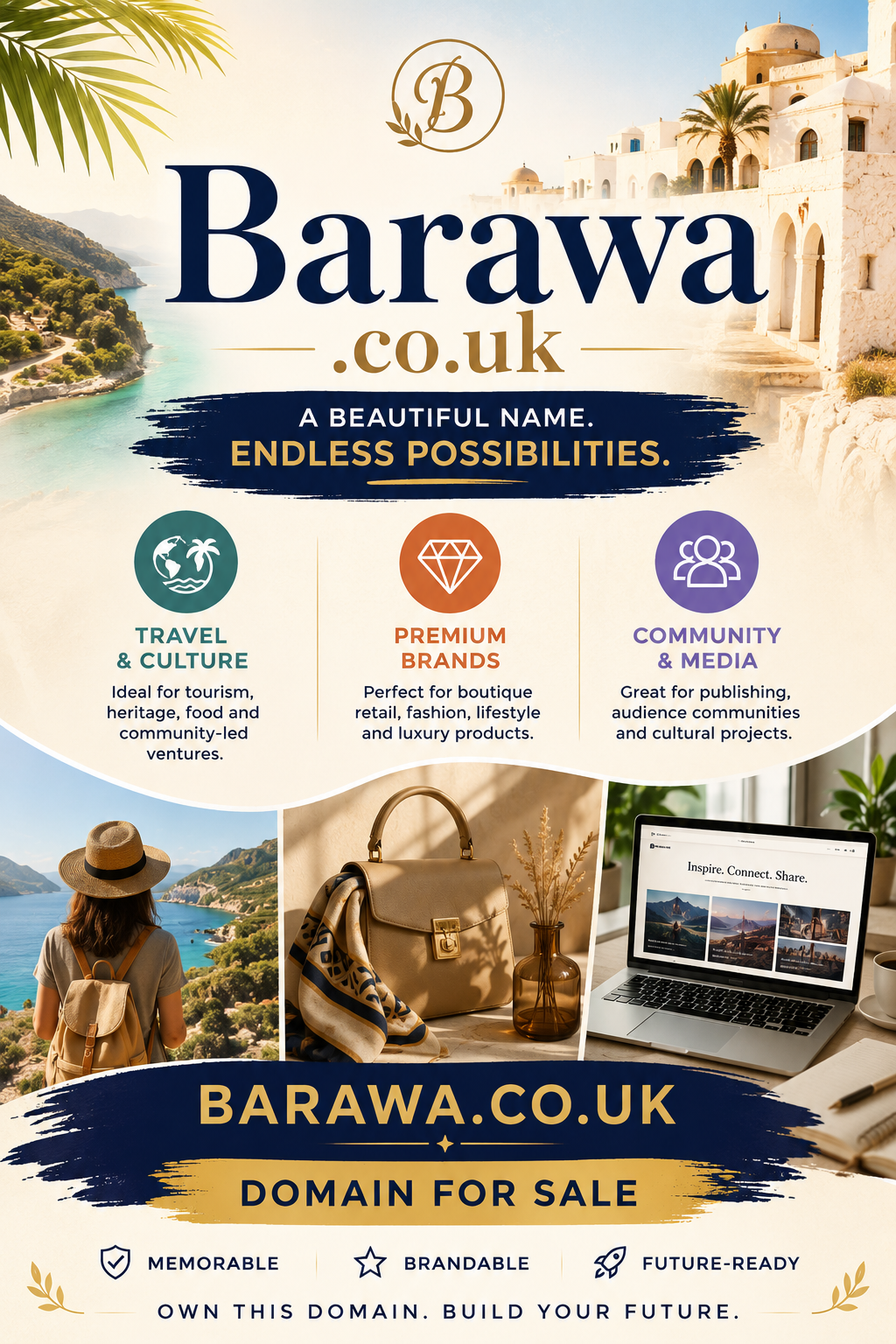 Promotional graphic featuring the domain Barawa.co.uk with travel imagery and boutique lifestyle elements. Style: bright, elegant and modern.