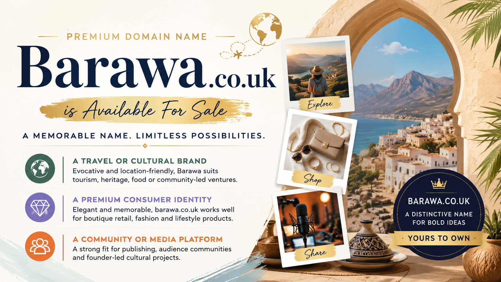 Promotional graphic featuring the domain Barawa.co.uk with travel imagery and boutique lifestyle elements. Style: bright, elegant and modern.