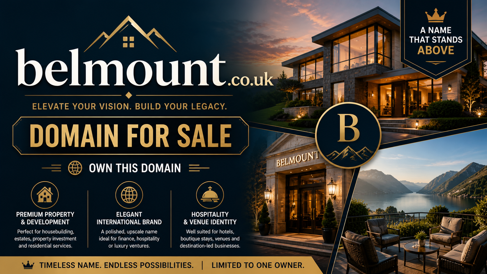 Promotional graphic featuring the domain belmount.co.uk, shown with luxury home and scenic view. Style: elegant premium real estate.