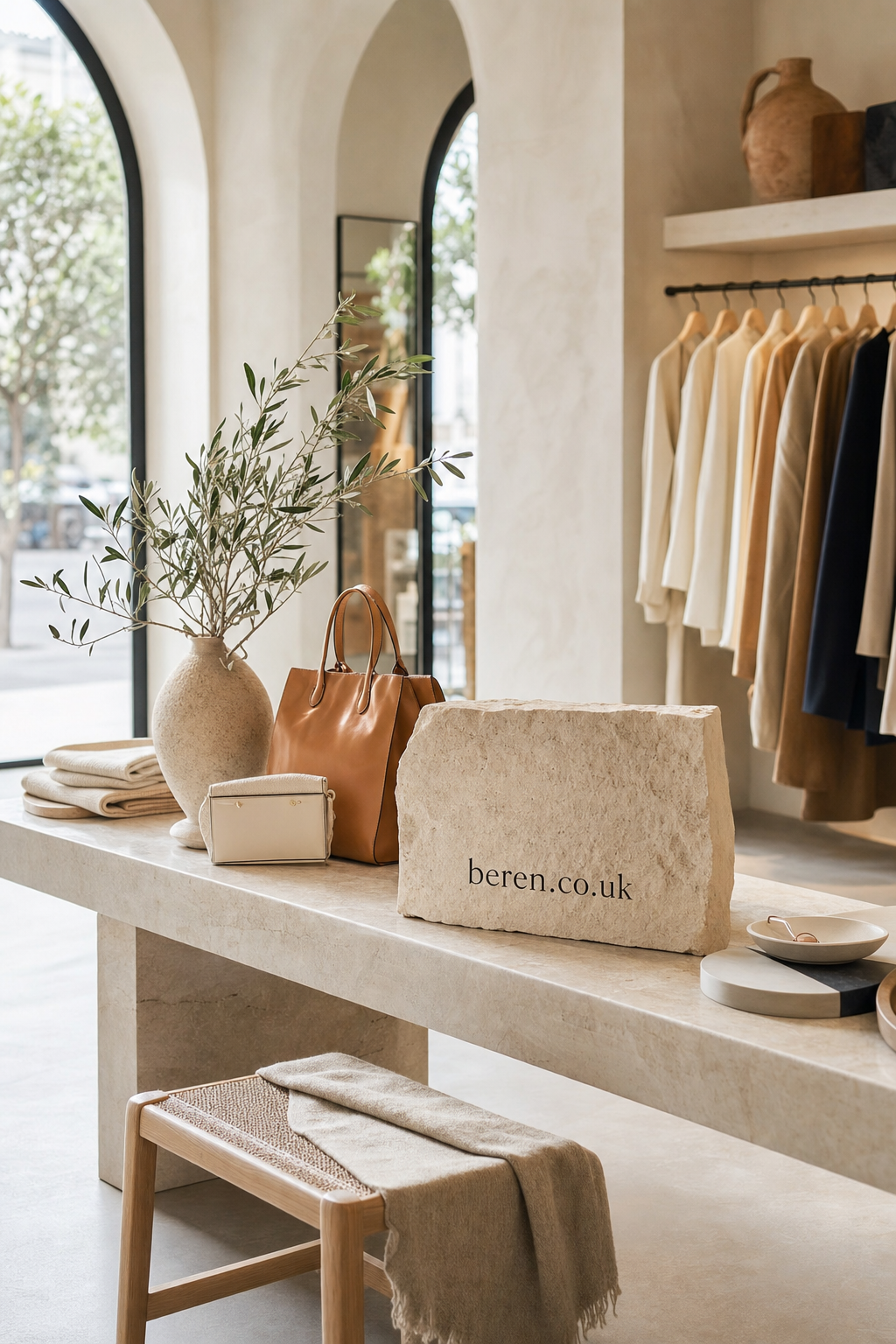 Stylish boutique interior showing neutral-toned clothing on a rack, folded fabric on a stone table, leather handbags, large rustic vase with greenery, and a natural stone block featuring beren.co.uk text.
