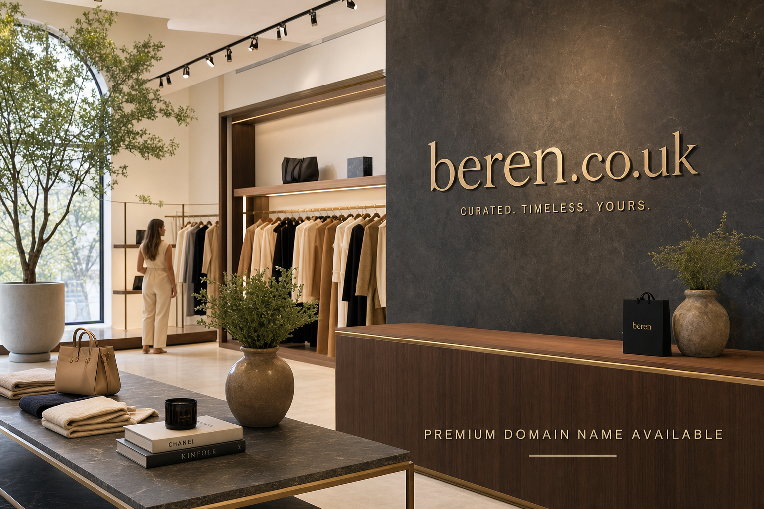 Interior of a chic boutique with a marble table displaying folded clothes, a handbag, books, and a candle, a large potted plant, and a woman browsing clothes on racks against a bright window. A wall with 'beren.co.uk' and 'Premium Domain Name Available' text in gold lettering.