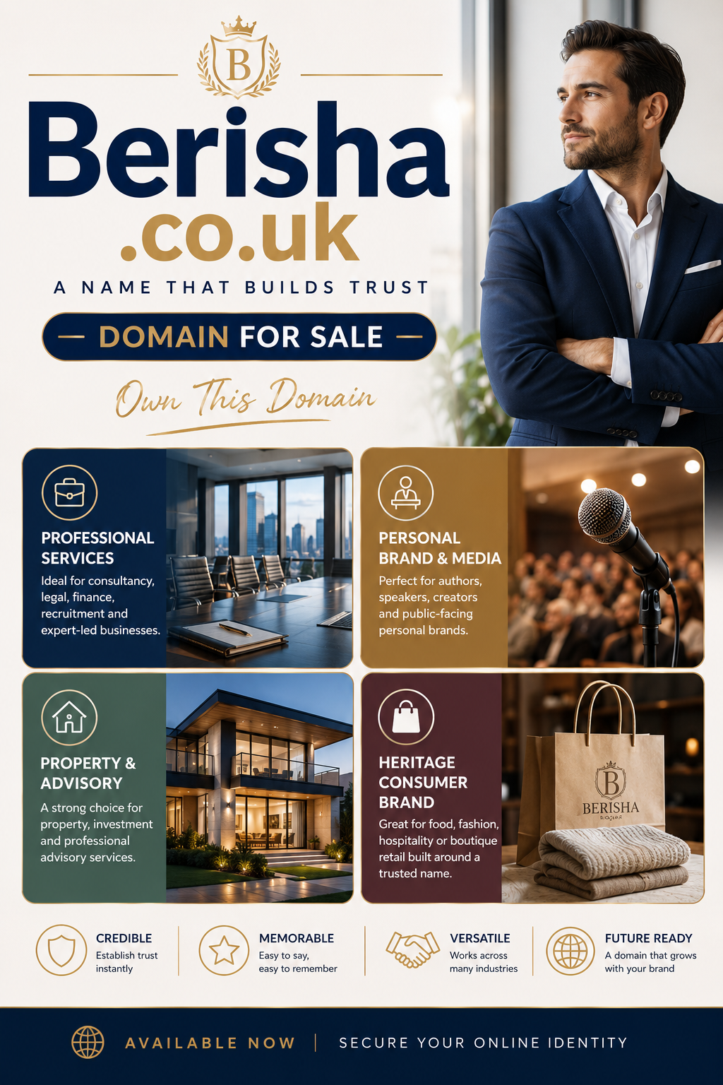 Promotional graphic featuring the domain Berisha.co.uk, shown with consultancy, media and property brand visuals. Style: premium modern.