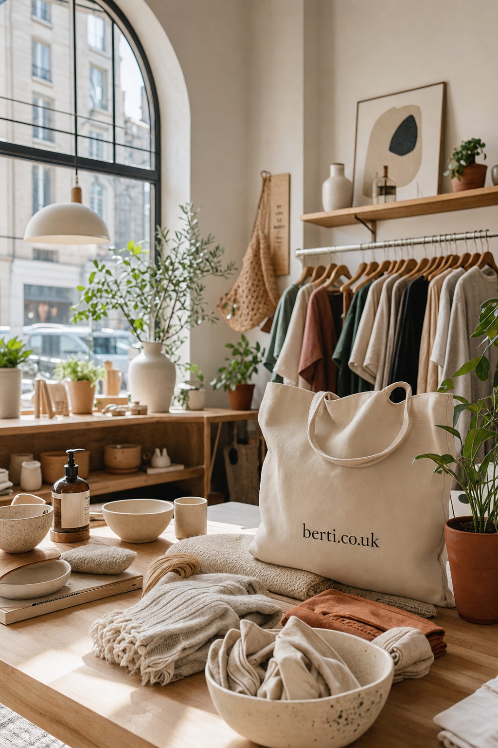 A cozy boutique shop interior featuring neutral-toned clothing on wooden hangers, ceramic bowls and mugs, folded knitwear, and plants in terracotta pots, with a canvas tote bag branded 'berti.co.uk' prominently displayed.