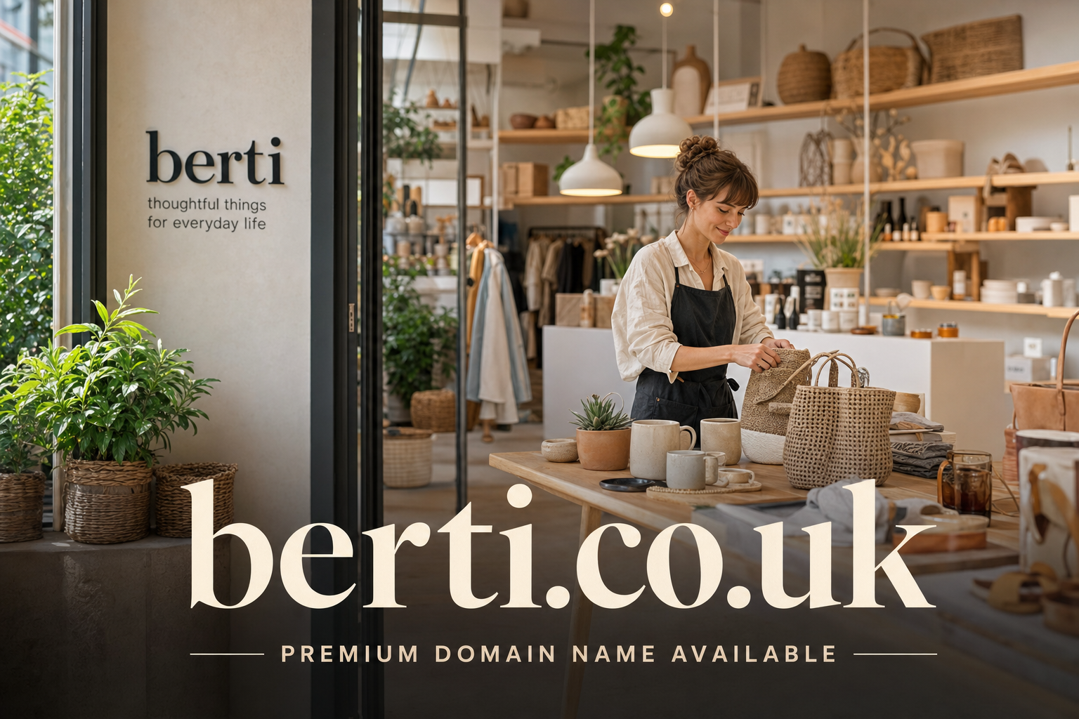 A woman wearing an apron arranges woven baskets and ceramic mugs on a wooden table inside a bright, neatly organized shop filled with plants and natural decor items. The shop sign visible reads 'berti thoughtful things for everyday life.'