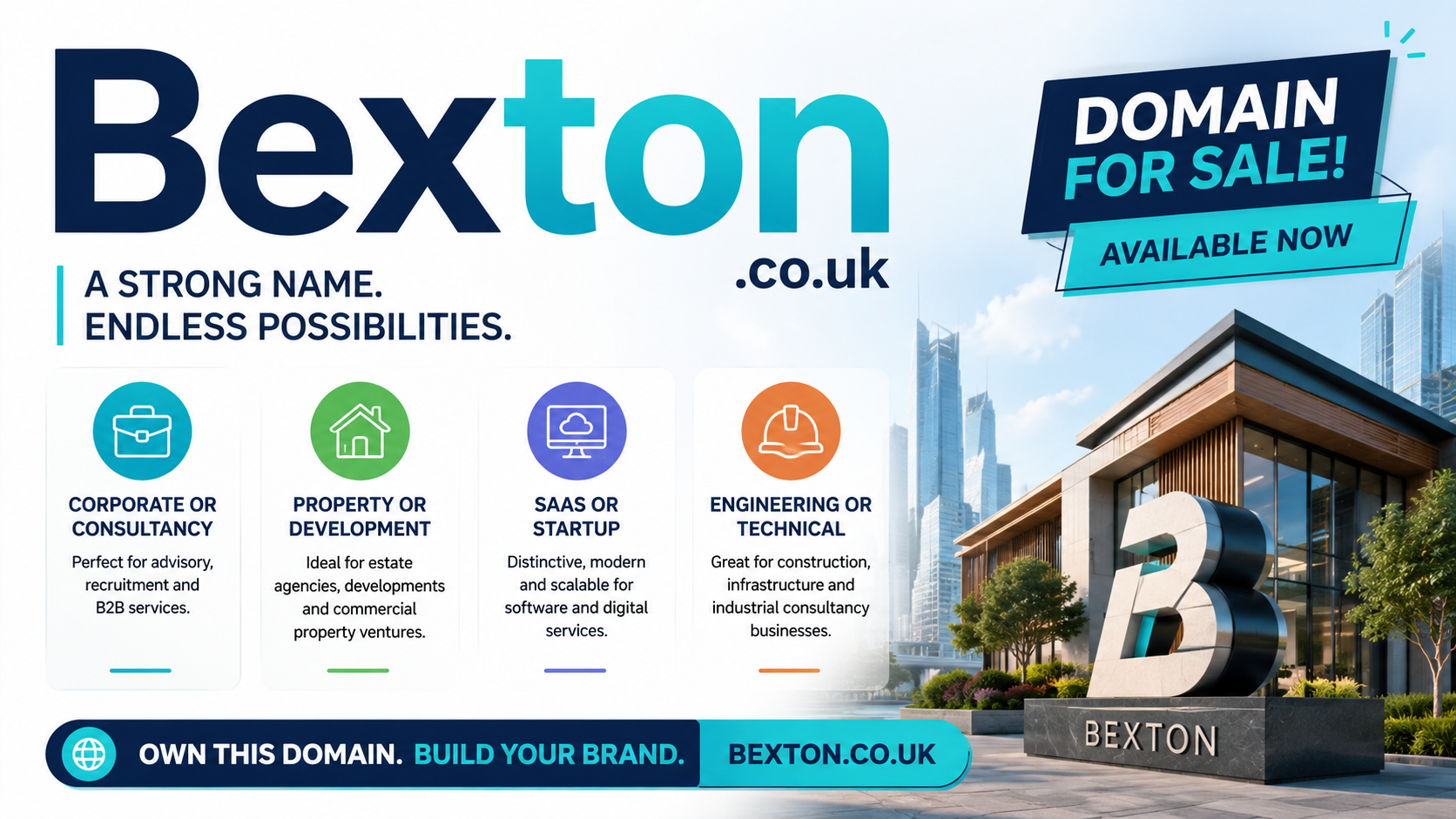 Promotional graphic featuring the domain Bexton.co.uk, shown with modern architecture and business icons. Style: bright corporate.