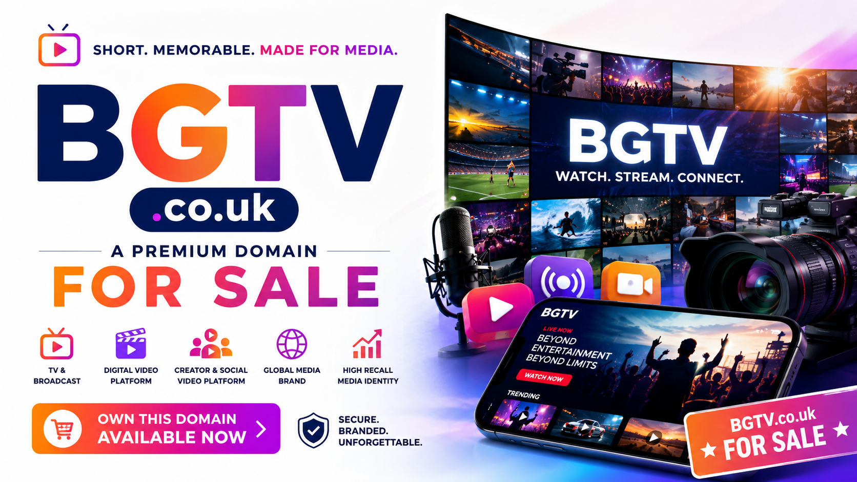 Promotional graphic for BGTV.co.uk with streaming screens, camera gear and bold media branding. Style: bright modern tech.