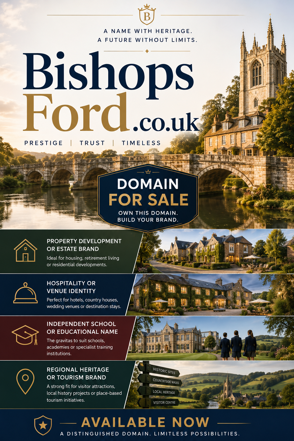 Landscape promotional graphic featuring the domain bishopsford.co.uk with heritage bridge, estate imagery and luxury branding. Style: elegant.