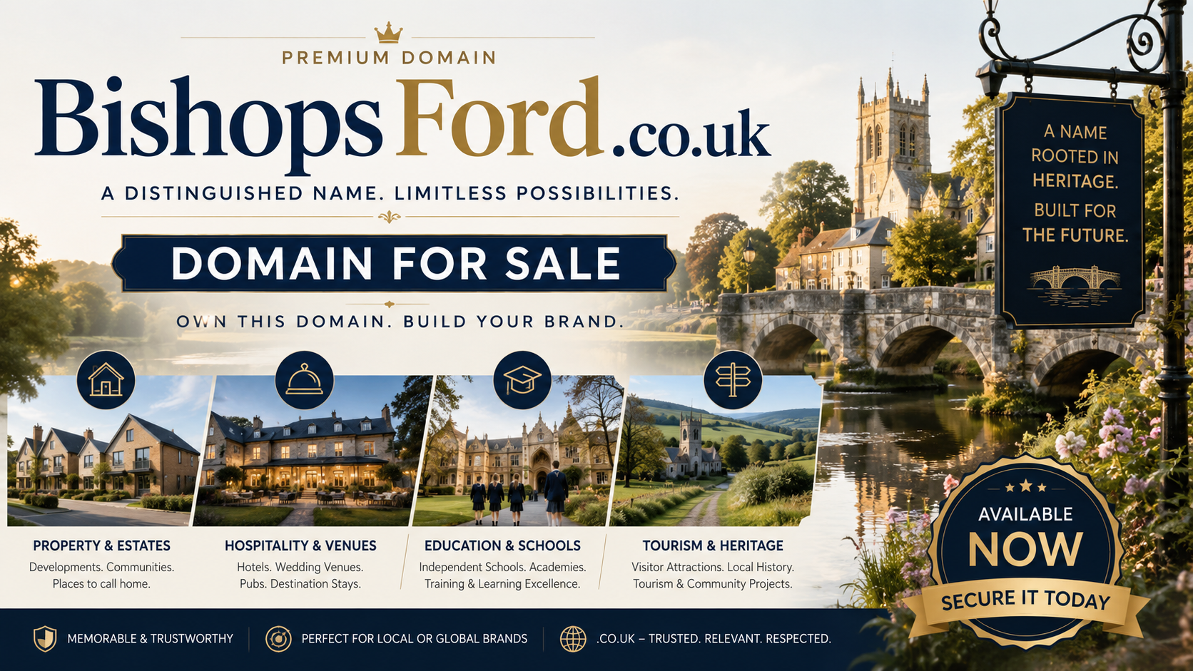 Landscape promotional graphic featuring the domain bishopsford.co.uk with heritage bridge, estate imagery and luxury branding. Style: elegant.