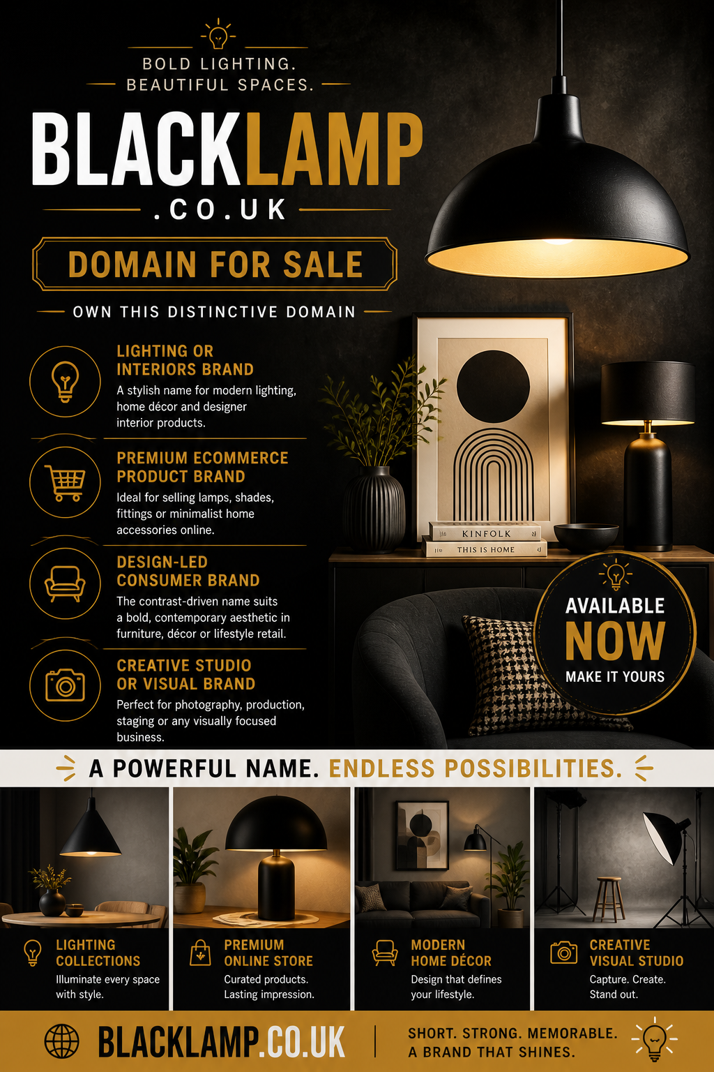 Promotional graphic featuring the domain blacklamp.co.uk, shown with modern black pendant lamp and interior setup. Style: sleek contemporary design.
