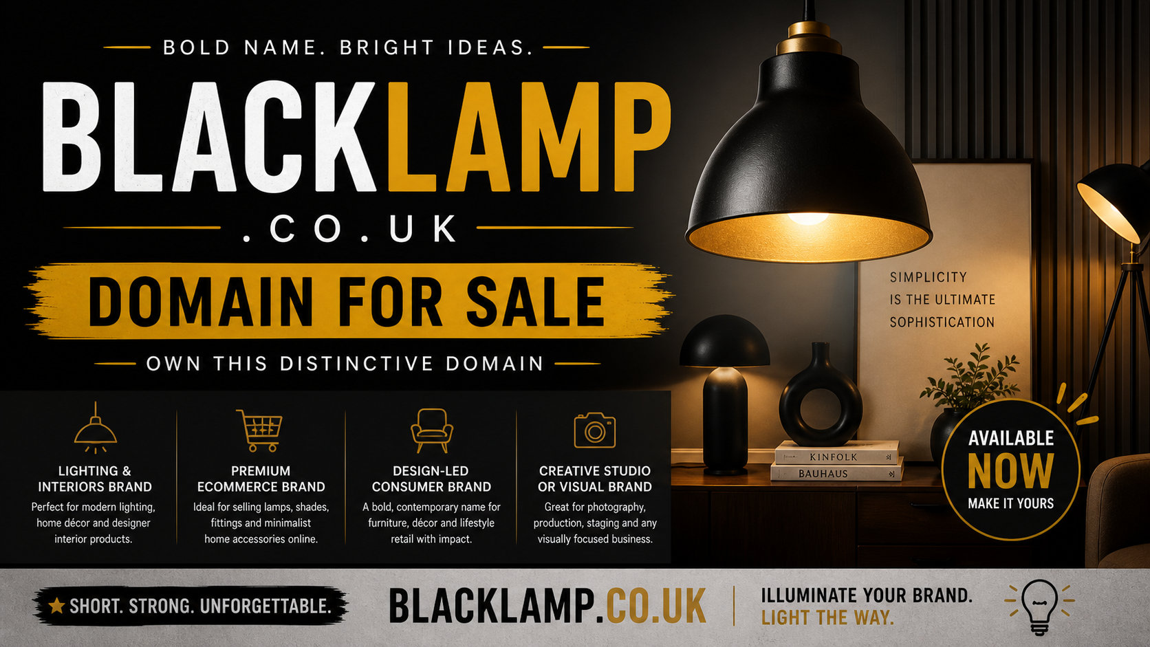 Promotional graphic featuring the domain blacklamp.co.uk, shown with modern black pendant lamp and interior setup. Style: sleek contemporary design.
